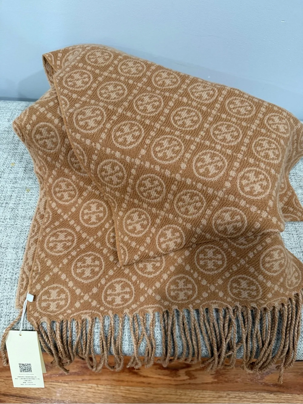 Tory Burch Two-Tone Camel Logo Fringe Scarf
